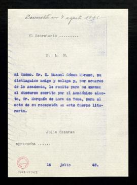 Copia sin firma del besalamano del secretario, Julio Casares, a Manuel Gómez Moreno con el que le...