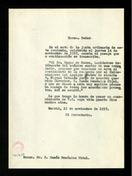 Copia sin firma del oficio del secretario [Julio Casares] a Ramón Menéndez Pidal de pésame por el...