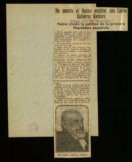 Recorte del diario el Heraldo de Madrid con la noticia del fallecimiento de Emilio Gutiérrez-Gamero