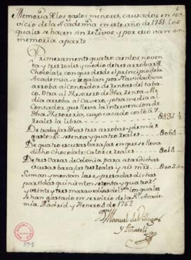 Memoria de los gastos menores causados en servicio de la Academia en 1751