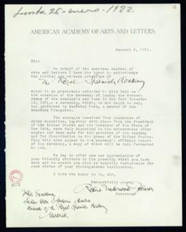 Carta de Robert Underwood Johnson a Antonio Maura de agradecimiento por la felicitación por la co...