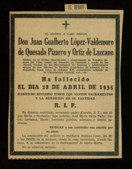 Recorte del diario El Debate con la esquela de Juan Gualberto López-Valdemoro