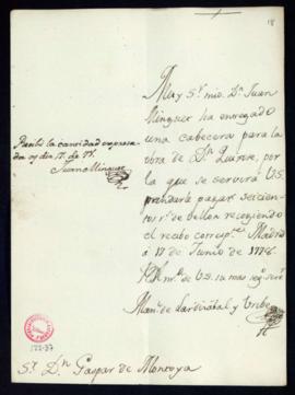 Orden de Manuel de Lardizábal del pago a Juan Minguet  de 600 reales de vellón por una cabecera p...