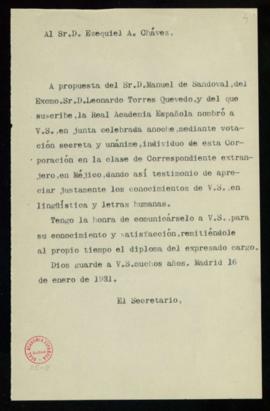Copia del oficio del secretario a Ezequiel A. Chávez en el que le comunica que la Real Academia E...