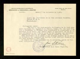 Carta de José Luis Ramos Figueras, presidente de la Asociación de Ingenieros de Montes, al secret...