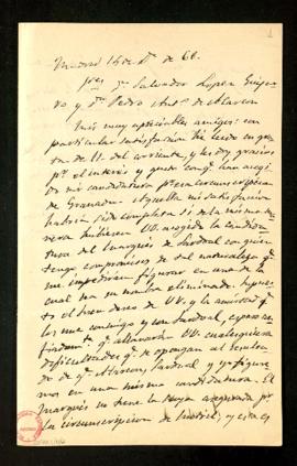 Carta de Antonio de los Ríos Rosas a Pedro Antonio de Alarcón y a Salvador López Guijarro para qu...
