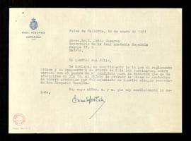 Carta de Camilo José Cela al secretario, Julio Casares, en la que incluye sobre cerrado con el no...