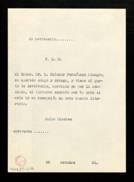 Copia del besalamano de Julio Casares a Melchor Fernández Almagro con el que le devuelve, aprobad...