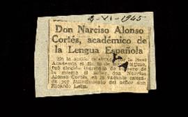 Recorte de Ya con la noticia titulada Don Narciso Alonso Cortés, académico de la Lengua Española