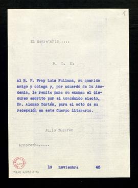 Copia sin firma del besalamano de Julio Casares a Luis Fullana con el que le remite, para su exam...
