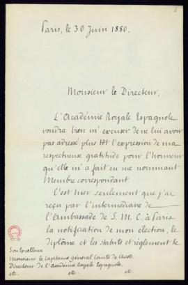 Carta de Auguste Pécoul al director, el conde de Cheste, de agradecimiento por su nombramiento co...