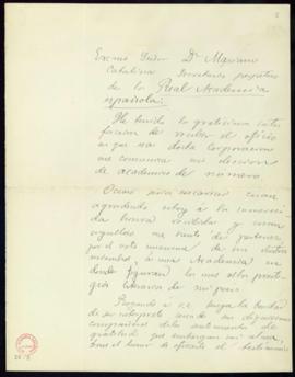 Carta de Santiago Ramón y Cajal a Mariano Catalina de agradecimiento por su elección como académi...