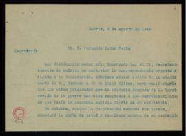 Copia de la carta de Lorenzo García a Fernando Íscar-Peyra en la que le indica que la Academia ha...
