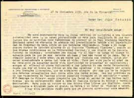 Carta de Eduardo del Palacio a Julio Casares en la que le pide el voto para una de las vacantes c...