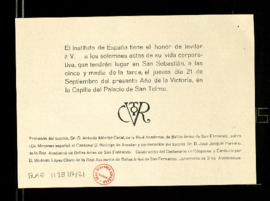 Invitación del Instituto de España a los actos solemnes del 21 de septiembre en la capilla del Pa...