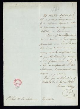 Carta de Ramón Feliú al secretario [Francisco Antonio González] en la que acusa recibo de su nomb...