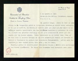 Carta de Martín de Riquer a Melchor Fernández Almagro en la que le agradece su artículo de La Van...