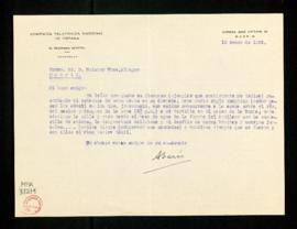 Carta del conde de Atarés [José López Nieulant], tesorero general de la Compañía Telefónica Nacio...