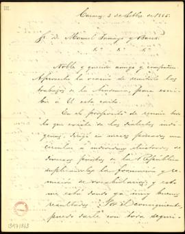 Carta de Julio Calcaño a Manuel Tamayo y Baus en la que hace observaciones sobre la etimología de...