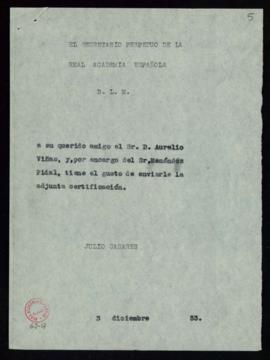 Copia del besalamano de Julio Casares a Aurelio Viñas con el que le envía una certificación