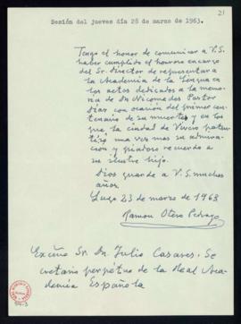 Carta de Ramón Otero Pedrayo a Julio Casares en la que manifiesta que representó a la Academia en...