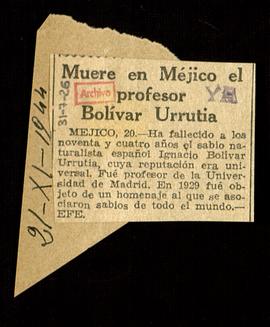 Recorte del diario Ya con la noticia sobre la muerte de Ignacio Bolívar y Urrutia en México
