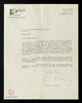 Carta de M. Riera a Melchor Fernández Almagro con la que le envía una consulta llegada a la secci...