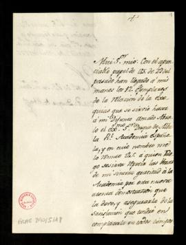 Carta del duque de Alba [José Álvarez de Toledo Osorio] a Juan Trigueros en la que comunica que h...