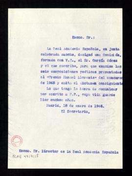 Copia sin firma del oficio del secretario [Julio Casares] a José María Pemán de comunicación de s...