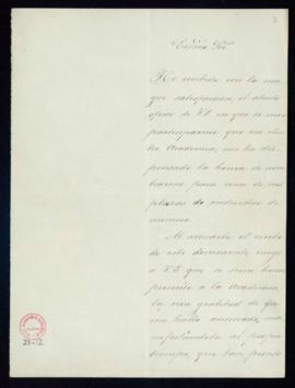 Carta de Ant[oni]o Cánovas del Castillo al secretario [Manuel Bretón de los Herreros] de agradeci...