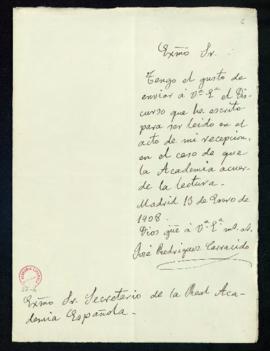 Carta de José Rodríguez Carracido al secretario [Mariano Catalina] con la que remite el discurso ...