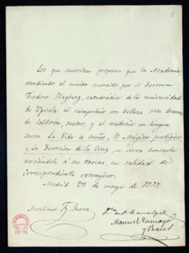 Propuesta firmada por Aureliano Fernández-Guerra, José Canalejas y Manuel Tamayo y Baus de Teodor...