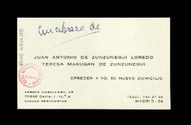 Tarjeta de visita de Juan Antonio de Zunzunegui y Teresa Marugán de Zunzunegui