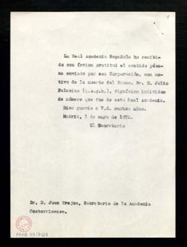 Copia sin firma del oficio de agradecimiento del secretario a Juan Trejos, secretario de la Acade...