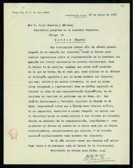 Carta de C. F. Adolf van Dam a Julio Casares en la que le indica que el rector le sugirió una rep...