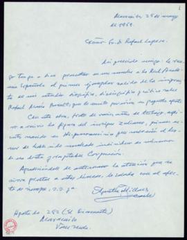 Carta de Agustín Millares Carlo a Rafael Lapesa en la que le ruega que presente en su nombre a la...