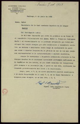 Carta de Miguel Luis Amunátegui Reyes, director de la Academia Chilena, al secretario en la que e...