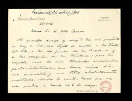 Carta de Narciso Alonso Cortés a Julio Casares con la que le envía, adjuntas, unas papeletas y al...