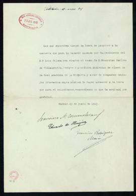 Propuesta de Francisco Commelerán, Eduardo de Hinojosa y Francisco Rodríguez Marín de la candidat...