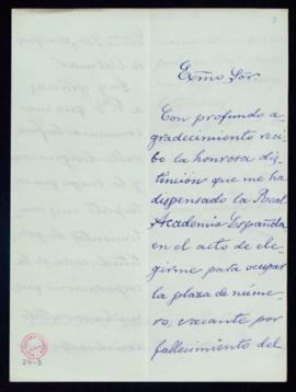 Carta de Juan José Herranz al secretario, Mariano Catalina, de agradecimiento a la Academia por s...