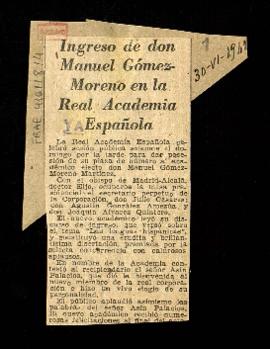 Recorte del diario Ya con la noticia titulada Ingreso de don Manuel Gómez-Moreno en la Real Acade...