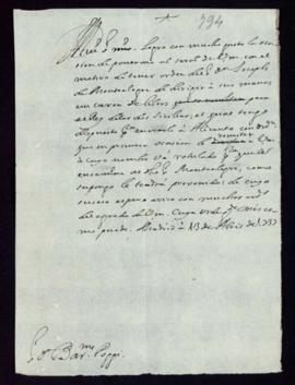 Minuta de la carta de Vincencio Squarzafigo a Bartolomé Poggi en la que le indica que, por indica...