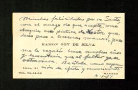 Tarjeta de Ramón Goy de Silva a Melchor Fernández Almagro en la que le felicita por su santo y le...