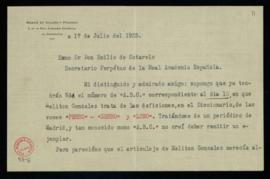 Carta de Ramón de Solano y Polanco a Emilio Cotarelo en la que menciona un artículo de Melitón Go...