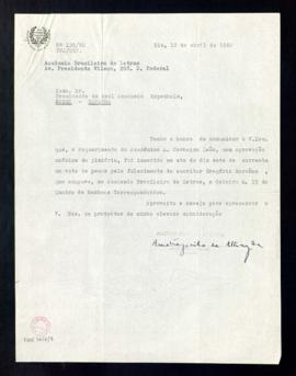 Carta de Austregésilo de Athayde, presidente de la Academia Brasileira de Letras, al presidente d...