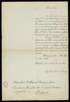Carta de Fedele da Fanna a Manuel Tamayo y Baus, secretario perpetuo, en la que agradece su nombr...