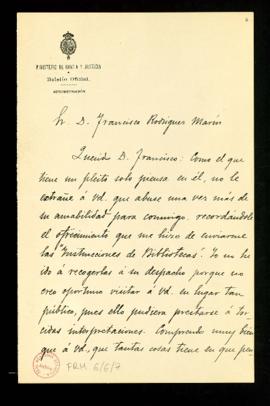 Carta de Antonio Alcalá Venceslada a Francisco Rodríguez Marín en la que le recuerda que le envíe...