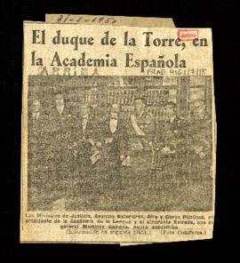 Recorte del diario Arriba con la noticia titulada El duque de la Torre, en la Real Academia Española