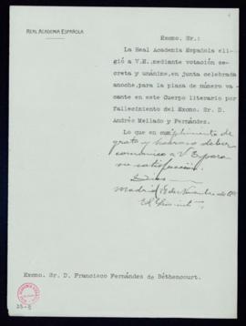 Minuta del oficio del secretario interino [Emilio Cotarelo] a Francisco Fernández de Béthencourt ...