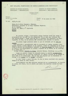Carta de C. F. Adolf van Dam a Julio Casares en la que le pregunta por el significado de toro de ...